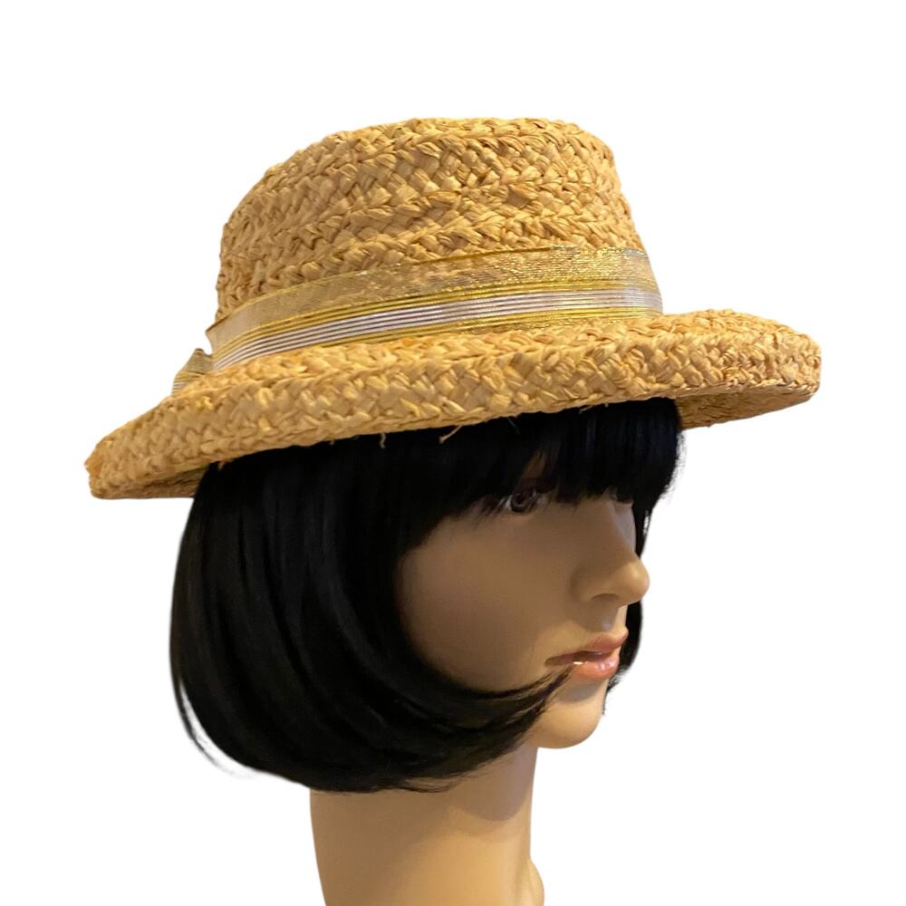 Women’s Round Scala Straw Curled Brim Boater Hat with Golden Bow Accent